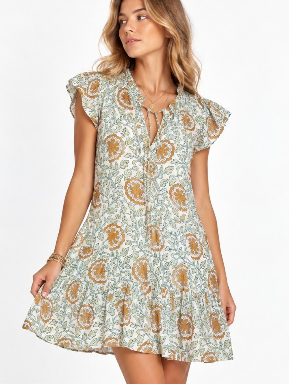 Oliphant Dress Mini Green And Metallic Print